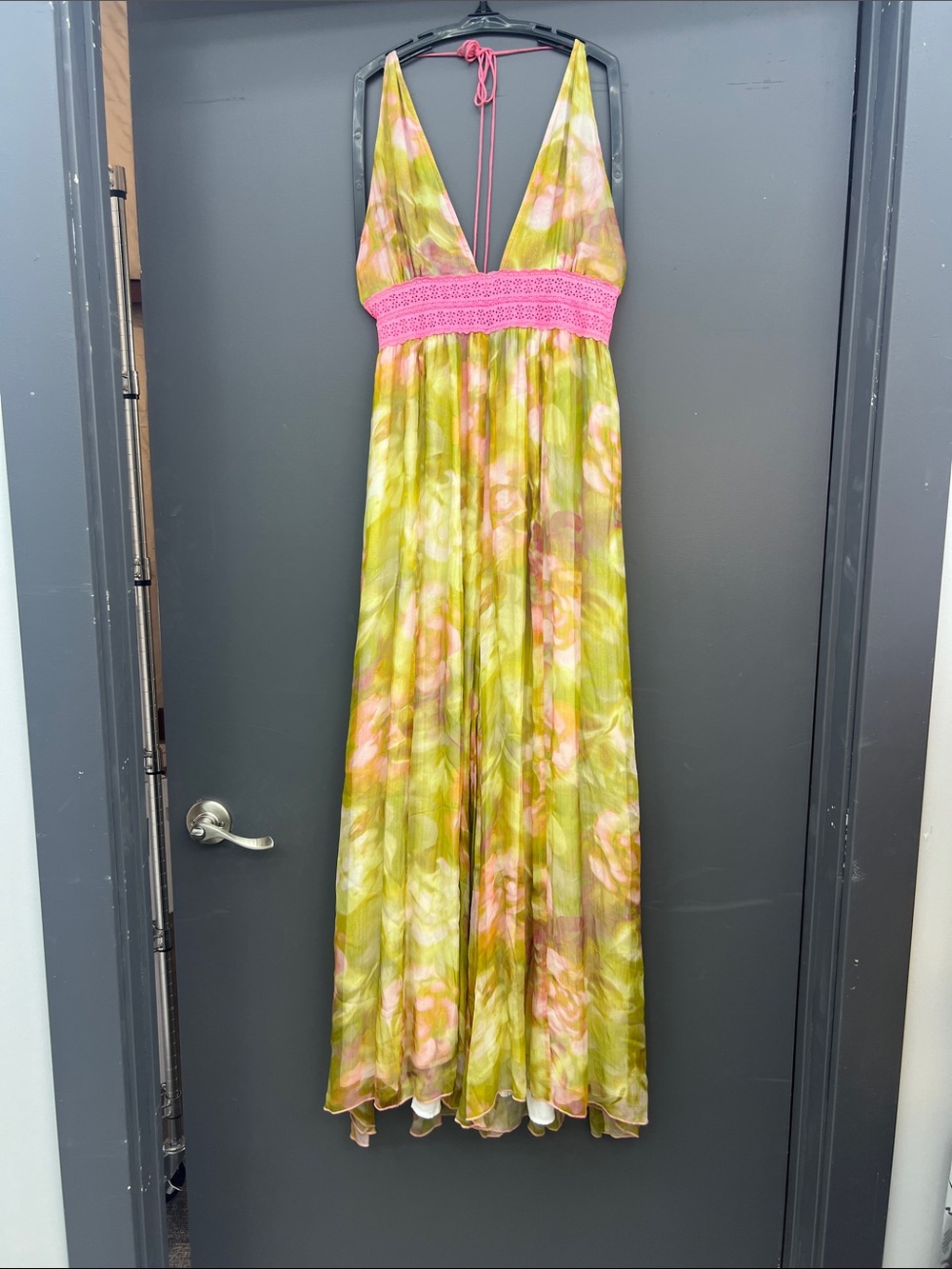 Free People Olive Floral Maxi Jumpsuit with Pink Crochet Waist